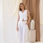 Linen high waisted wide leg ecru pants AVON